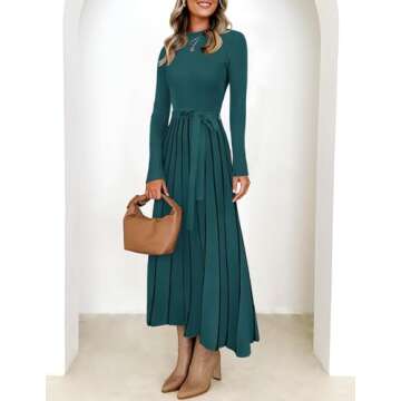 ZESICA Womens Spring Turtleneck Long Sleeve Sweater Dress Tie Waist Casual Loose Ribbed Knit A Line Midi Dresses,Teal,Medium