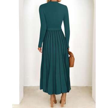 ZESICA Womens Spring Turtleneck Long Sleeve Sweater Dress Tie Waist Casual Loose Ribbed Knit A Line Midi Dresses,Teal,Medium