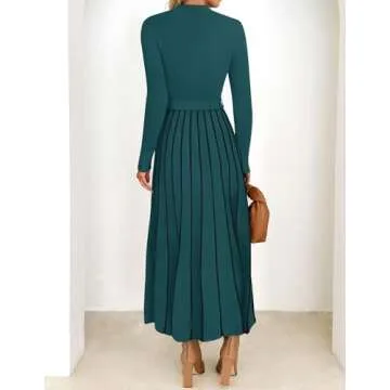 ZESICA Womens Spring Turtleneck Long Sleeve Sweater Dress Tie Waist Casual Loose Ribbed Knit A Line Midi Dresses,Teal,Medium