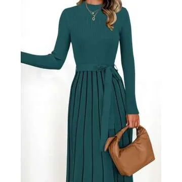 ZESICA Womens Spring Turtleneck Long Sleeve Sweater Dress Tie Waist Casual Loose Ribbed Knit A Line Midi Dresses,Teal,Medium