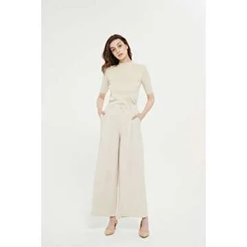 Tronjori Women High Waist Casual Wide Leg Long Palazzo Pants Trousers Regular Size(S, Beige Short)