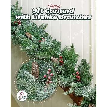 OasisCraft 9FT Pre-lit Christmas Garland with Pine Cones and Berry Clusters, PVC & PE Snowy Garland ...