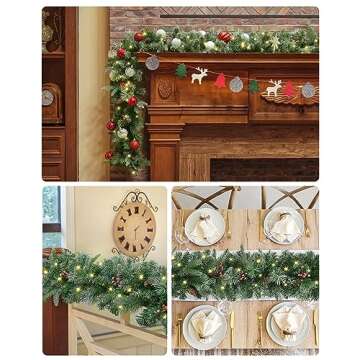 OasisCraft 9FT Pre-lit Christmas Garland with Pine Cones and Berry Clusters, PVC & PE Snowy Garland with 50 LED Lights, Battery Operated and Timer Xmas Garlands for for Home Stairs Fireplace Front