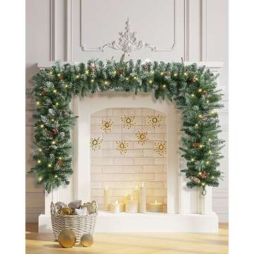OasisCraft 9FT Pre-lit Christmas Garland with Pine Cones and Berry Clusters, PVC & PE Snowy Garland with 50 LED Lights, Battery Operated and Timer Xmas Garlands for for Home Stairs Fireplace Front