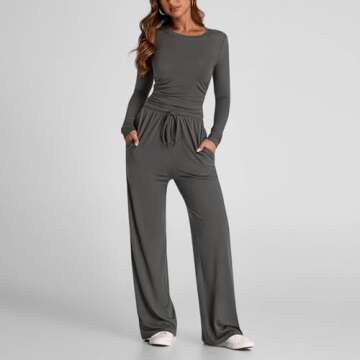 2 piece outfit sets 2 Piece Outfits For Women Long Sleeve Crewneck Cropped Shirts Lounge Sets Wide Leg Pants Set with Pockets women sweatsuits sets Dark Gray S
