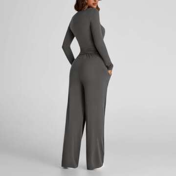 2 piece outfit sets 2 Piece Outfits For Women Long Sleeve Crewneck Cropped Shirts Lounge Sets Wide Leg Pants Set with Pockets women sweatsuits sets Dark Gray S