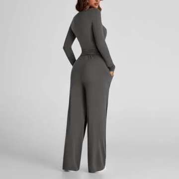 2 piece outfit sets 2 Piece Outfits For Women Long Sleeve Crewneck Cropped Shirts Lounge Sets Wide Leg Pants Set with Pockets women sweatsuits sets Dark Gray S