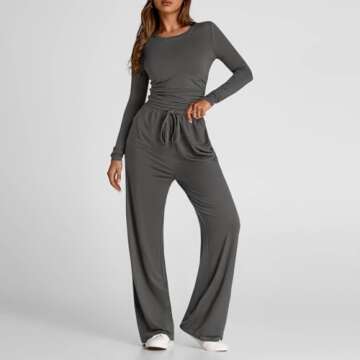 2 piece outfit sets 2 Piece Outfits For Women Long Sleeve Crewneck Cropped Shirts Lounge Sets Wide Leg Pants Set with Pockets women sweatsuits sets Dark Gray S