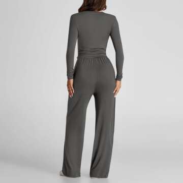 2 piece outfit sets 2 Piece Outfits For Women Long Sleeve Crewneck Cropped Shirts Lounge Sets Wide Leg Pants Set with Pockets women sweatsuits sets Dark Gray S