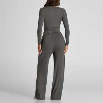 2 piece outfit sets 2 Piece Outfits For Women Long Sleeve Crewneck Cropped Shirts Lounge Sets Wide Leg Pants Set with Pockets women sweatsuits sets Dark Gray S