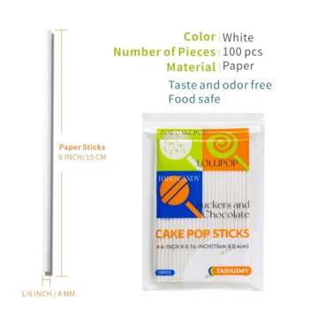 100 Count 6 INCH White Paper Lollipop Sticks,Cake Pop Sticks,Sucker Sticks for Cookies,Rainbow Candy,Chocolate,Cake Topper(Dia 4mm)