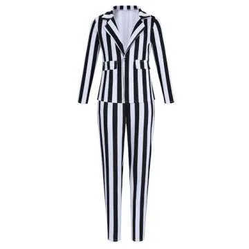 Adult Black and White Striped Suit for Women Horror Movie Character Cosplay Outfit Halloween Costumes Striped Blazer with Pants Tie Shirt Wig Earrings CA057M