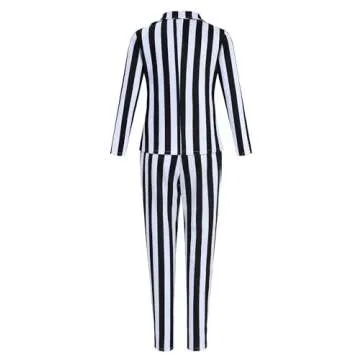 Adult Black and White Striped Suit for Women Horror Movie Character Cosplay Outfit Halloween Costumes Striped Blazer with Pants Tie Shirt Wig Earrings CA057M