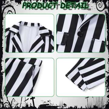 Adult Black and White Striped Suit for Women Horror Movie Character Cosplay Outfit Halloween Costumes Striped Blazer with Pants Tie Shirt Wig Earrings CA057M
