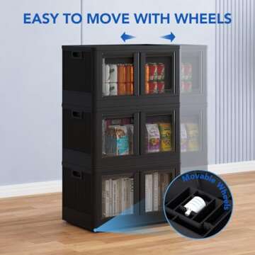 FLEXIMOUNTS Stackable Bins with Lids, Collapsible Plastic Storage Containers, 304 QT-4 Pack Closet Organizers and Storage Containers with Doors for Home, Black, 25" L x 15.5" W x 56" H