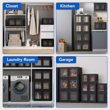 FLEXIMOUNTS Stackable Bins with Lids, Collapsible Plastic Storage Containers, 304 QT-4 Pack Closet Organizers and Storage Containers with Doors for Home, Black, 25" L x 15.5" W x 56" H