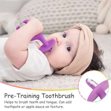 Mombella Baby Teething Toys for Babies 3 6 12 Months with Attachment to Clip on, Soft Silicone Teether Toys, 2 in 1 Elephant Teethers & Pre-Training Toothbrush, 9 Month Old Infant Chew Toys, Purple