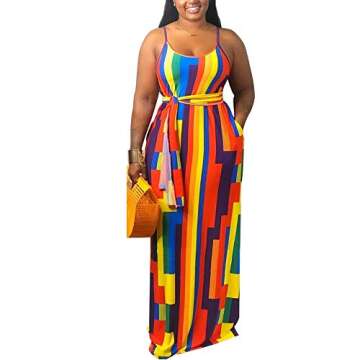 BFFBABY Womens Summer Suspender Maxi Dress Plus Size Striped Printed Sleeveless with Pockets and Bel...