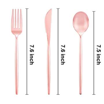 SUT 150Pcs Rose Gold Plastic Silverware, Disposable Cutlery Set, Heavy Duty Plastic Flatware Set，D...