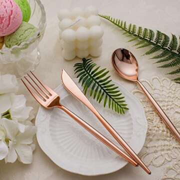 SUT 150Pcs Rose Gold Plastic Silverware, Disposable Cutlery Set, Heavy Duty Plastic Flatware Set，Disposable Rose Gold Utensils Include 50 Forks,50 Spoons, 50 Knives Perfect for Party