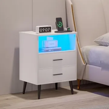 LVSOMT LED Night Stand - Modern Bedside Table with Charging Station and Dimmable Lighting