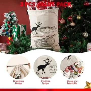 JOYIN 3 PCS Santa Burlap Sack present Bags with Drawstring 26" x 19" for Large Xmas Package Storage, Event Party Supplies, Christmas Party Favors.