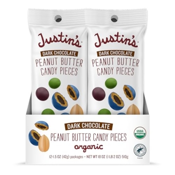 Justin’s Dark Chocolate Creamy Peanut Butter Candy Pieces, 12 Pack of 1.5oz bags, Gluten-Free, Org...