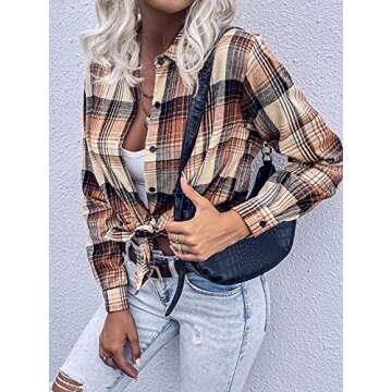 MakeMeChic Women's Plaid Shirts Oversized Flannels Shacket Jacket Khaki Small