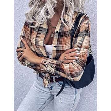 MakeMeChic Women's Plaid Shirts Oversized Flannels Shacket Jacket Khaki Small