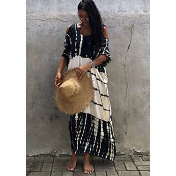 Beach Cover ups Caftan Women's Off Shoulder Black White v Neck Caftans Rayon Ethnic Print Plus Size Caftan Over Sized Half Sleeve Kaftan Lounge wear Maxi Beach Dress 770-0