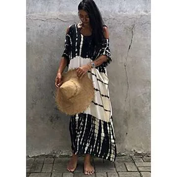 Beach Cover ups Caftan Women's Off Shoulder Black White v Neck Caftans Rayon Ethnic Print Plus Size Caftan Over Sized Half Sleeve Kaftan Lounge wear Maxi Beach Dress 770-0