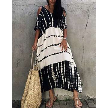 Beach Cover ups Caftan Women's Off Shoulder Black White v Neck Caftans Rayon Ethnic Print Plus Size Caftan Over Sized Half Sleeve Kaftan Lounge wear Maxi Beach Dress 770-0