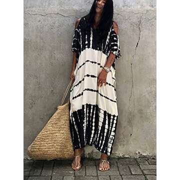 Beach Cover ups Caftan Women's Off Shoulder Black White v Neck Caftans Rayon Ethnic Print Plus Size Caftan Over Sized Half Sleeve Kaftan Lounge wear Maxi Beach Dress 770-0