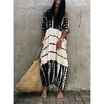 Beach Cover ups Caftan Women's Off Shoulder Black White v Neck Caftans Rayon Ethnic Print Plus Size Caftan Over Sized Half Sleeve Kaftan Lounge wear Maxi Beach Dress 770-0
