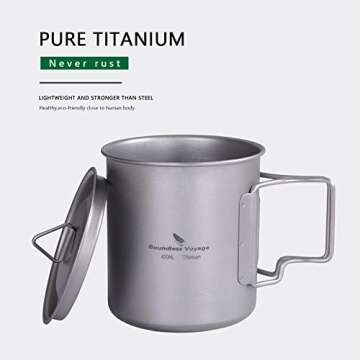 N&F 420ml Titanium cup with Lid,Portable Camping Mug Foldable Handle (14.2 fl oz) Outdoor Water Tea Coffee Ultralight Cup only 89.2g for Backpacking