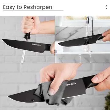 Astercook Knife Set, 15 Pieces Kitchen Knives Set with Block and Sharpener, German Stainless Steel Handle One-Piece Design Knife Block Sets, Dishwasher Safe, Black