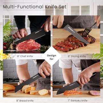 Astercook Knife Set, 15 Pieces Kitchen Knives Set with Block and Sharpener, German Stainless Steel Handle One-Piece Design Knife Block Sets, Dishwasher Safe, Black