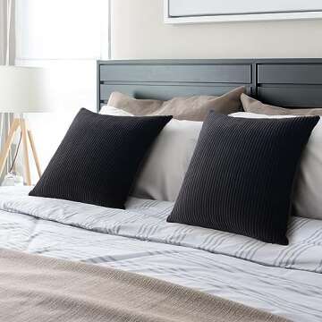 YCOLL Black Pillow Covers 26x26 Set of 2 Velvet Striped Pattern - Soft Throw Pillows for Home Decor, Luxury Decorative Pillow Covers for Couch, Bed,Living Room