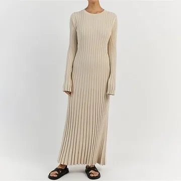 Women Bell Long Sleeve Knit Maxi Dress Crewneck Ribbed Bodycon Long Dress Slim Fit Y2K Sweater Dress Streetwear (A-Beige, M)
