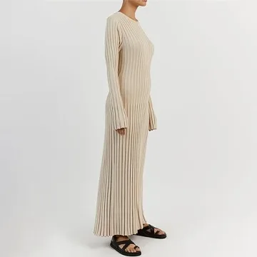Women Bell Long Sleeve Knit Maxi Dress Crewneck Ribbed Bodycon Long Dress Slim Fit Y2K Sweater Dress Streetwear (A-Beige, M)