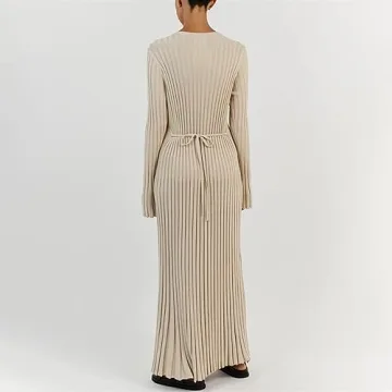 Women Bell Long Sleeve Knit Maxi Dress Crewneck Ribbed Bodycon Long Dress Slim Fit Y2K Sweater Dress Streetwear (A-Beige, M)