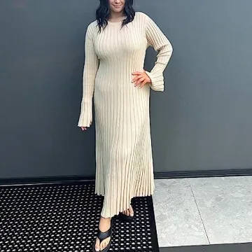 Women Bell Long Sleeve Knit Maxi Dress Crewneck Ribbed Bodycon Long Dress Slim Fit Y2K Sweater Dress Streetwear (A-Beige, M)