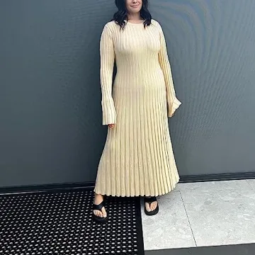 Women Bell Long Sleeve Knit Maxi Dress Crewneck Ribbed Bodycon Long Dress Slim Fit Y2K Sweater Dress Streetwear (A-Beige, M)