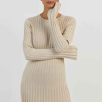 Women Bell Long Sleeve Knit Maxi Dress Crewneck Ribbed Bodycon Long Dress Slim Fit Y2K Sweater Dress Streetwear (A-Beige, M)
