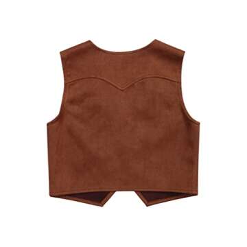 JEATHA Kids Boys Western Cowboy Vest Brown Suede Leather Fringed Hem Jacket for Halloween Carnival P...