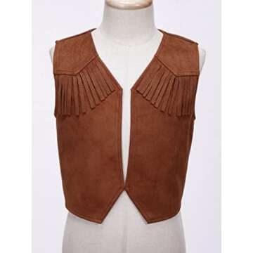 JEATHA Kids Boys Western Cowboy Vest Brown Suede Leather Fringed Hem Jacket for Halloween Carnival Party Brown A 7-8 Years