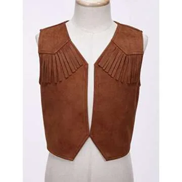 JEATHA Kids Boys Western Cowboy Vest Brown Suede Leather Fringed Hem Jacket for Halloween Carnival Party Brown A 7-8 Years