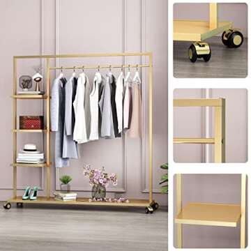 Smlttel Gold Clothing Rack with Shelf,Boutiques Retail Display Gold Clothes Rack,Heavy Duty Garment Rack,Multiple Uses Hanging Rack for Home and Retail(Gold)