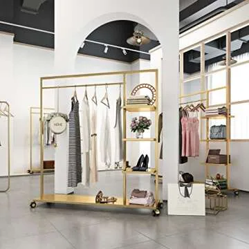 Smlttel Gold Clothing Rack with Shelf,Boutiques Retail Display Gold Clothes Rack,Heavy Duty Garment Rack,Multiple Uses Hanging Rack for Home and Retail(Gold)