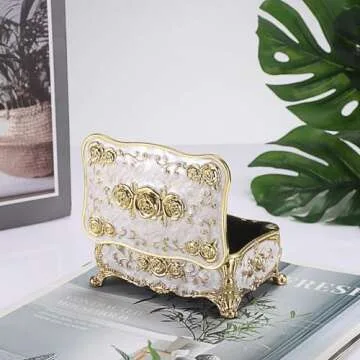 Hipiwe Metal Jewelry Box with Rose Pattern - Vintage Gold Trinket Organizer Box with Magnetic Latching Keepsake Storage Box for Ring Earrings Necklaces,Gift for Girls Women